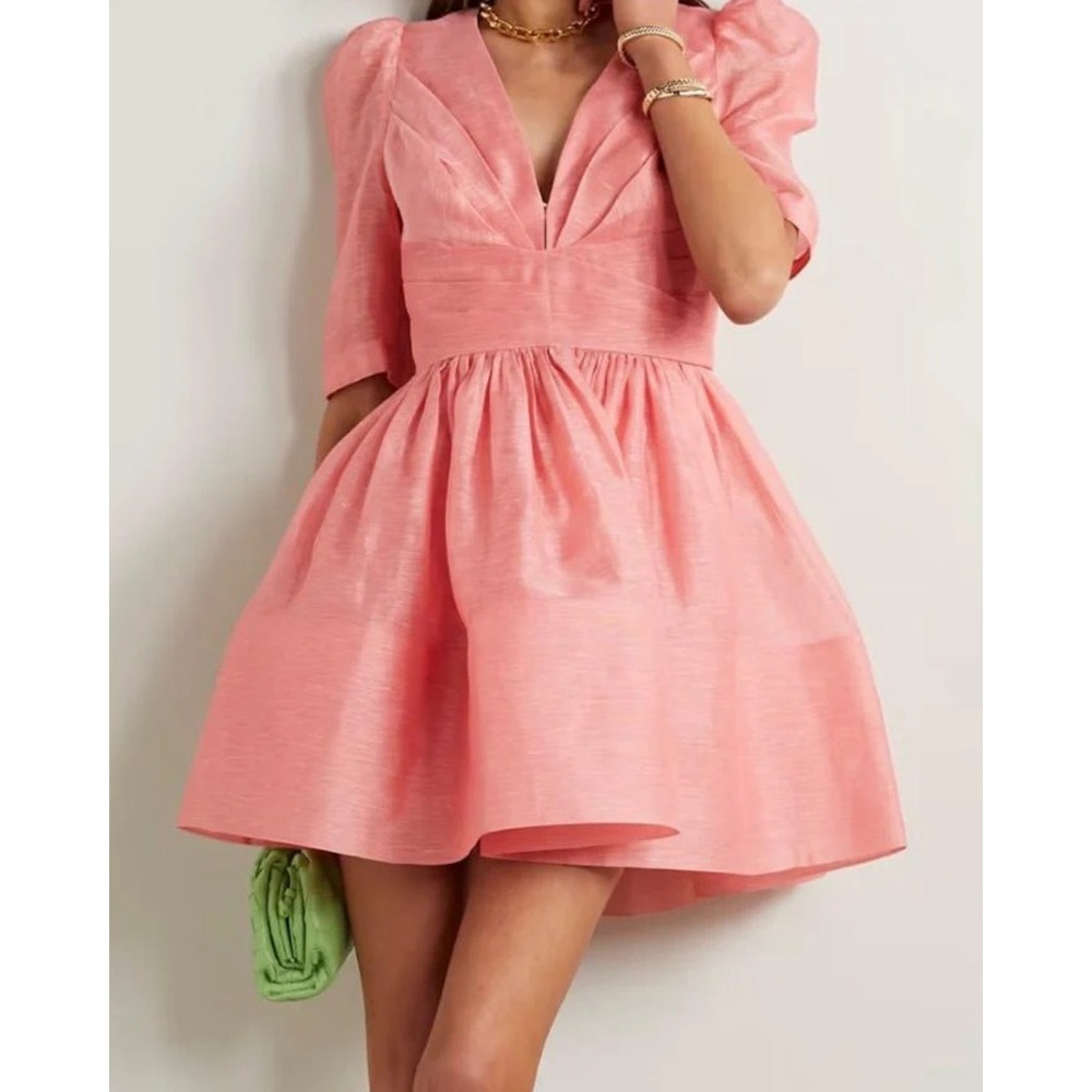 Zimmermann Wonderland Guava Pink Silk Linen Puff Sleeve Mini‎ Dress AU 0 US 4